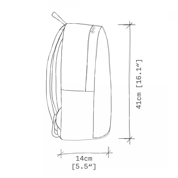antony yorck rucksack backpack laptop waterproof hidden pocket dimensions side view schematic drawing 0003