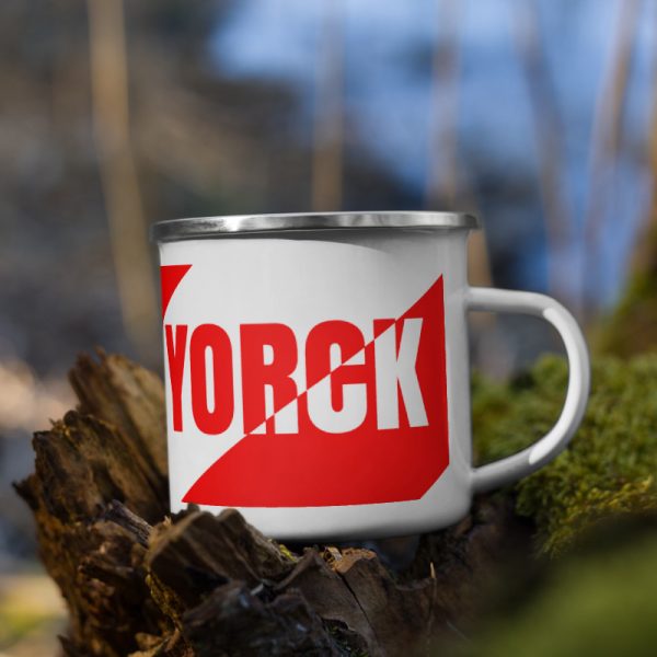 Antony Yorck • Emaille Becher YY brand red stripes • Collection OBVIOUS 4 antony yorck enamel mug outdoor obvious stripes red white 0005