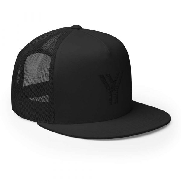 trucker cap snapback cap black logo black high profile flat bill side view right