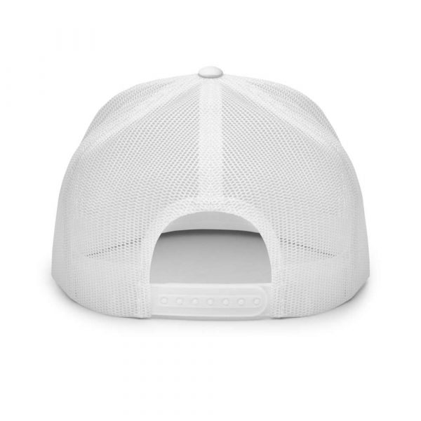 trucker cap snapback cap white logo black high profile flat bill back view