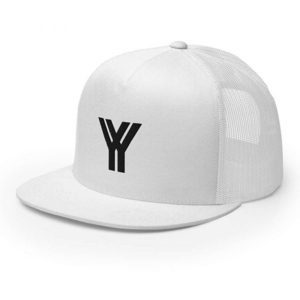 trucker cap snapback cap white logo black high profile flat bill side view