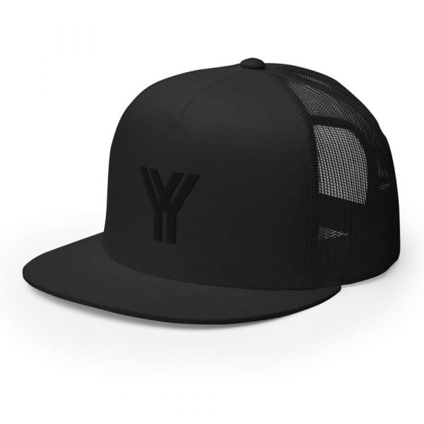 trucker cap snapback cap black logo black high profile flat bill side view