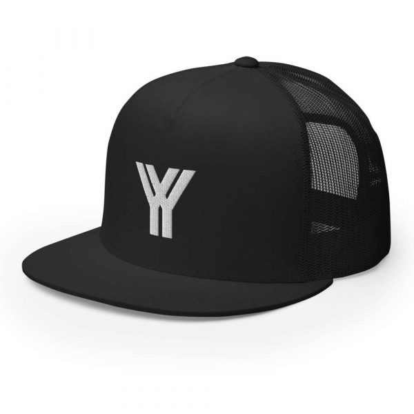 trucker cap snapback cap black logo white high profile flat bill side view