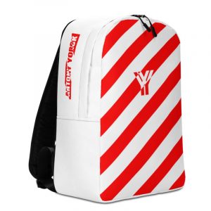 Laptoprucksack von Antony Yorck - ein Rucksack mit Laptopfach für ein 15 zoll Laptop und Geheimfach auf der Rückseite. Der Designer Rucksack ist rot weiß schräg gestreift.