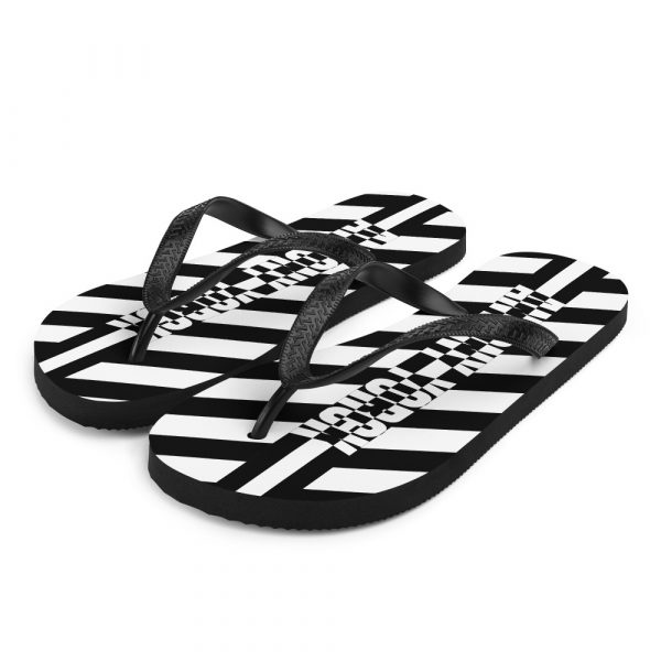 Designer t-bar Sandals Black and White Striped 2 sublimation flip flops white front left 60bf4f729245f