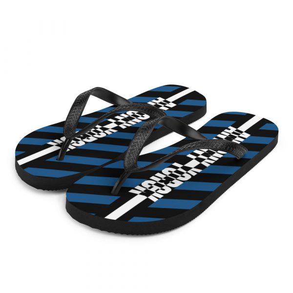 Designer t-bar Sandals Black Blue Striped 2 sublimation flip flops white front left 60bf537b4fcda