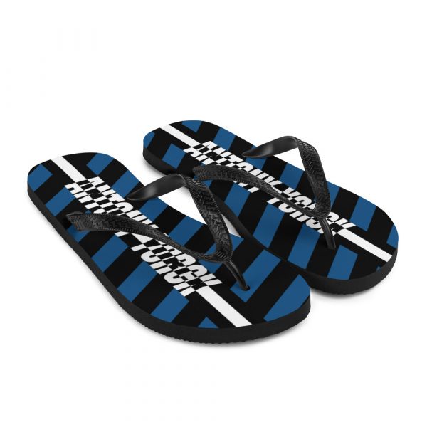 Designer t-bar Sandals Black Blue Striped 8 sublimation flip flops white front right 60bf537b50009