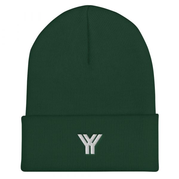 Beanie Dark Green Logo Brand YY in white 1 cuffed beanie spruce front 6125efed10744