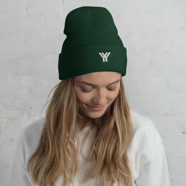 Beanie Dark Green Logo Brand YY in white 4 cuffed beanie spruce front 6125efed10baf