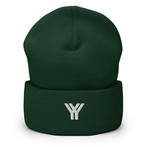 Beanie Dark Green Logo Brand YY in white 2 cuffed beanie spruce front 6125efed10c3d
