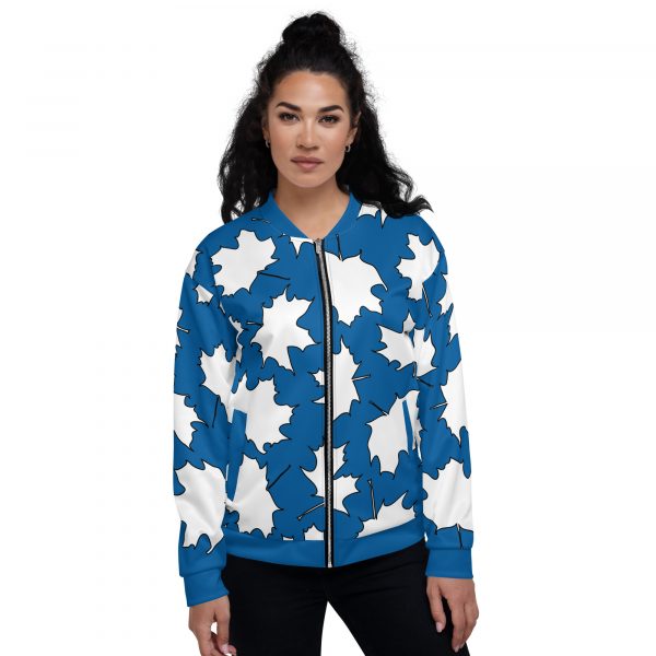 Ladies Sweat Jacket in Blouson Style Maple Leaf White Skydiver Blue 3 all over print unisex bomber jacket white front 632ad12fc82b0