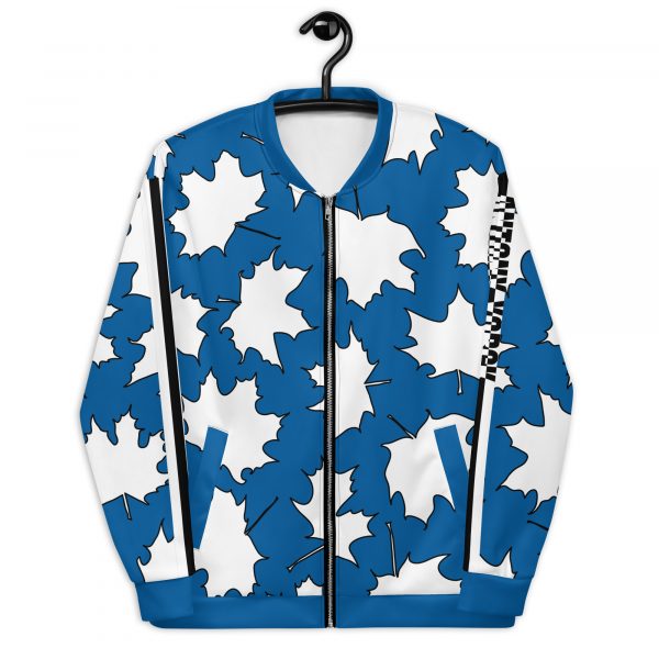 Damen Sweatjacke im Blouson Style Maple Leaf Weiß Skydiver Blue 1 all over print unisex bomber jacket white front 632ad12fc83e6
