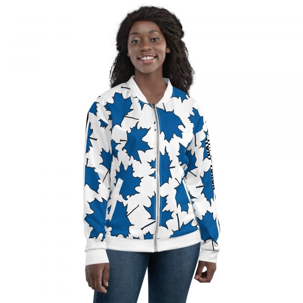 Damen Sweatjacke im Blouson Style Maple Leaf Skydiver Blue Weiß 3 all over print unisex bomber jacket white front 632ae538868a9