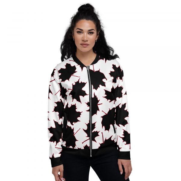 Ladies Sweat Jacket in Blouson Style Maple Leaf black white magenta 4 all over print unisex bomber jacket white front 632af52c266fa