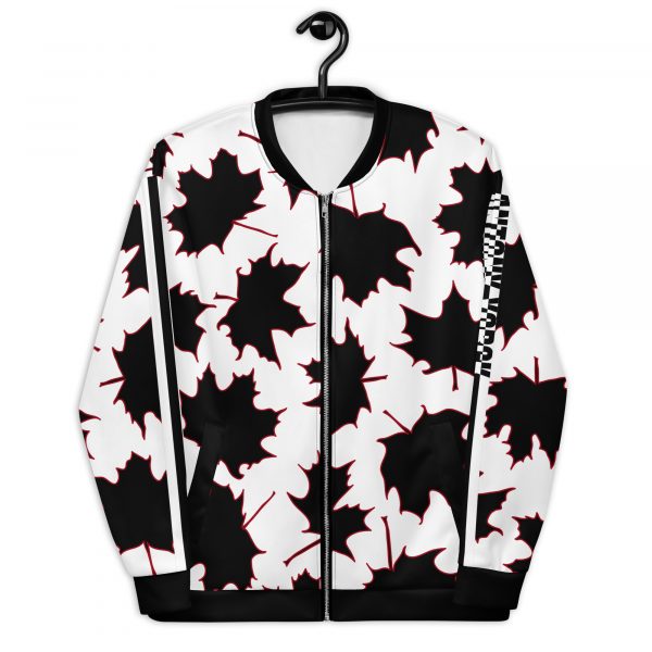 Ladies Sweat Jacket in Blouson Style Maple Leaf black white magenta 2 all over print unisex bomber jacket white front 632af52c26894