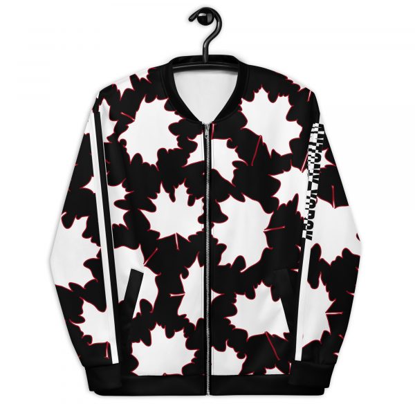 Damen Sweatjacke im Blouson Style Maple Leaf Weiß Schwarz 1 all over print unisex bomber jacket white front 632af646b9642