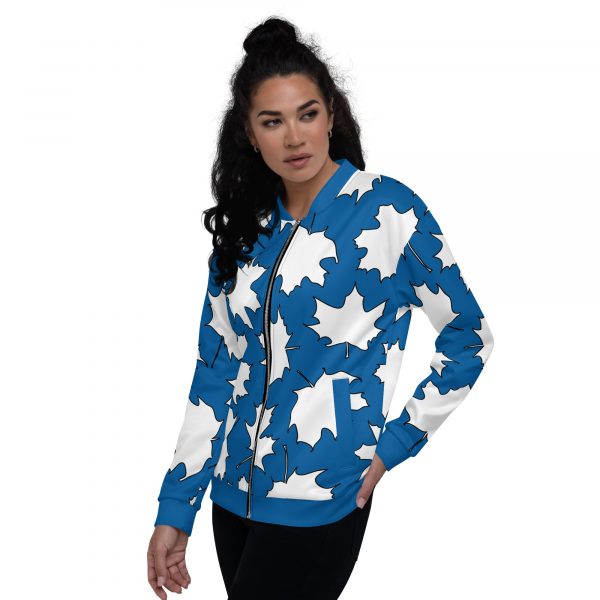 Ladies Sweat Jacket in Blouson Style Maple Leaf White Skydiver Blue 4 all over print unisex bomber jacket white left 632ad12fc7e9c