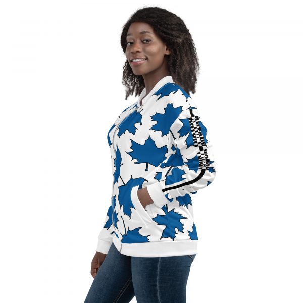 Damen Sweatjacke im Blouson Style Maple Leaf Skydiver Blue Weiß 5 all over print unisex bomber jacket white left 632ae53887cb0