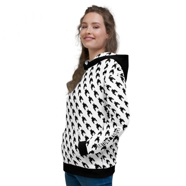 Damen Hoodie weiß Hahnentritt Muster schwarz 4 all over print unisex hoodie white left 61dc39d1227dc