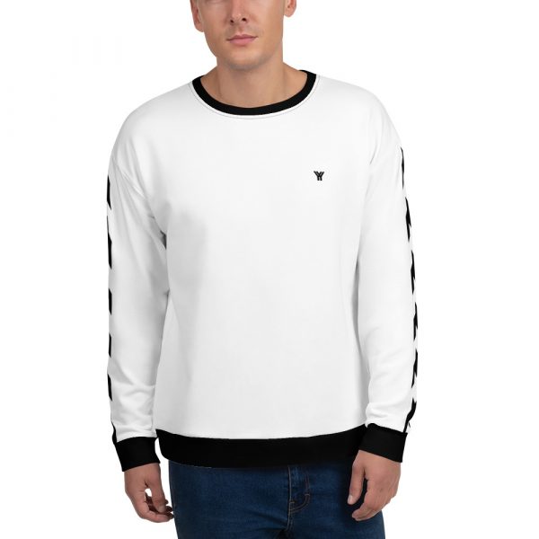 Herren Sweatshirt weiß mit Hahnentritt Galonstreifen 3 all over print unisex sweatshirt white front 61e7ca853600e