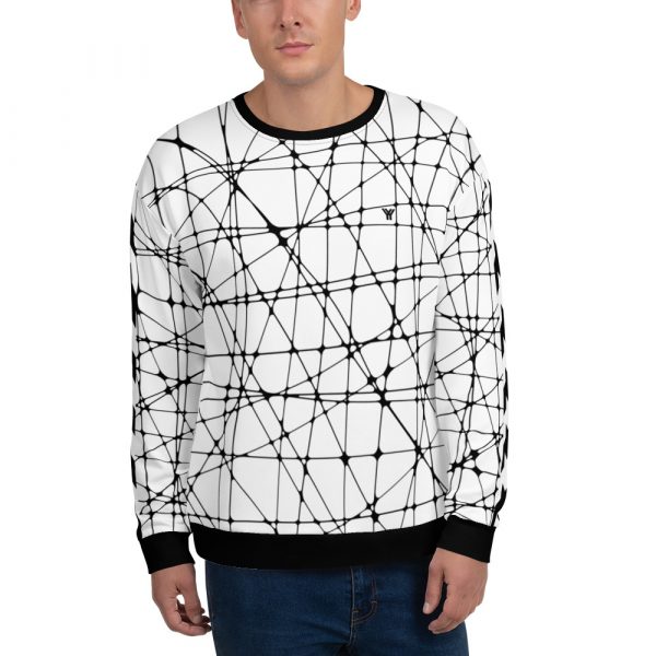 Herren Sweatshirt weiß crossed lines Hahnentritt Galonstreifen 6 all over print unisex sweatshirt white front 61e7ceb1853e5