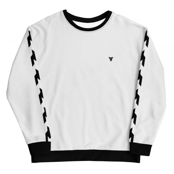 Herren Sweatshirt weiß mit Hahnentritt Galonstreifen 1 all over print unisex sweatshirt white front 61e7cedd4ed1e