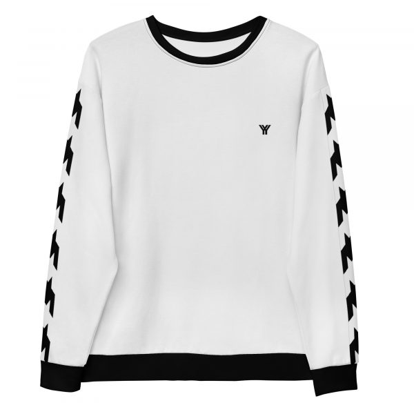 Herren Sweatshirt weiß mit Hahnentritt Galonstreifen 8 all over print unisex sweatshirt white front 61e7cedd4eea7