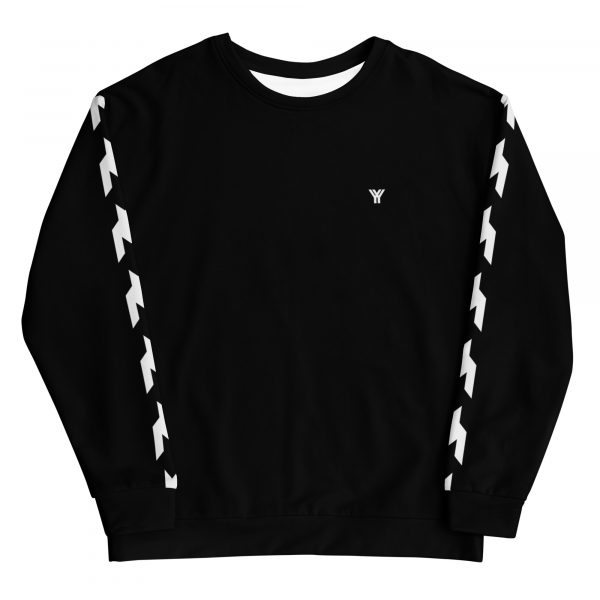Herren Sweatshirt schwarz mit Hahnentritt Galonstreifen 2 all over print unisex sweatshirt white front 61e7d1c2531fe