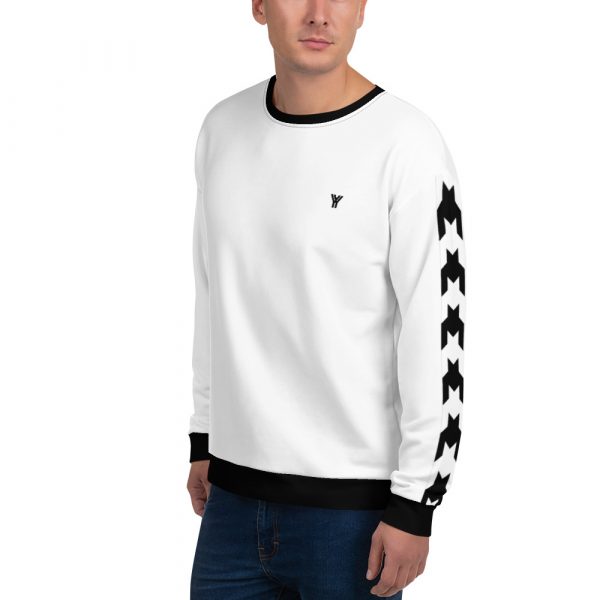 Herren Sweatshirt weiß mit Hahnentritt Galonstreifen 6 all over print unisex sweatshirt white left front 61e7ca85363d1