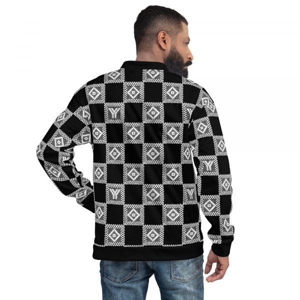 Men's sweat jacket in blouson style black crochet checkers 1 all over print unisex bomber jacket white back 624574802991e