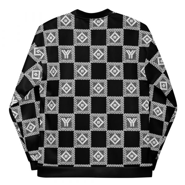 Men's sweat jacket in blouson style black crochet checkers 2 all over print unisex bomber jacket white back 6245753f0ef5e
