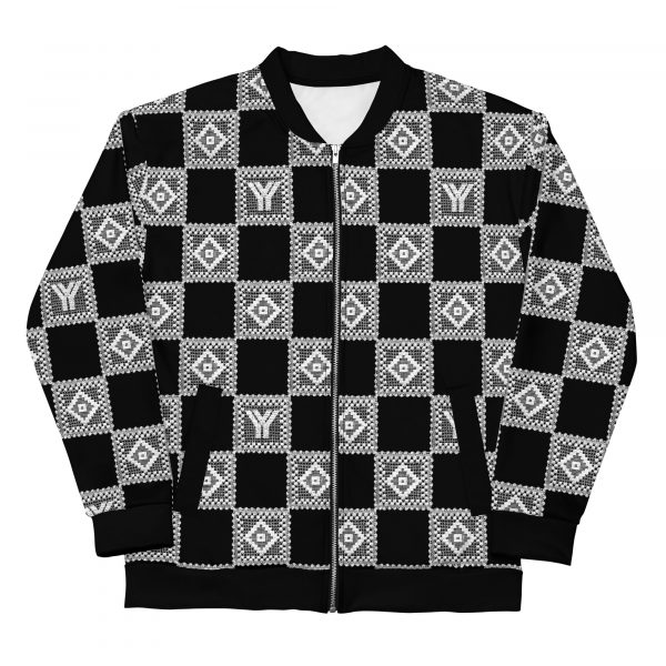 Herren Sweatjacke im Blouson Style schwarz Häkel Checkers 5 all over print unisex bomber jacket white front 6245748028f78