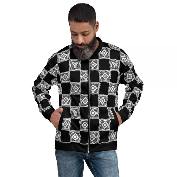 Men's sweat jacket in blouson style black crochet checkers 6 all over print unisex bomber jacket white front 624574802924c