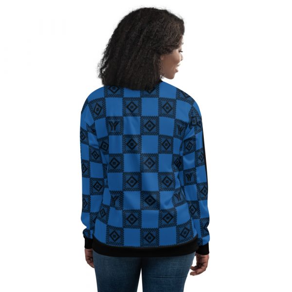 Ladies Sweat Jacket in Blouson Style Blue Crochet Checkers Gallon Stripes 4 all over print unisex bomber jacket white back 624ae1c5b0b31