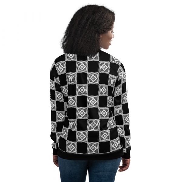 Ladies Sweat Jacket in Blouson Style Black Crochet Checkers Gallon Stripes 5 all over print unisex bomber jacket white back 624ae2cd003de