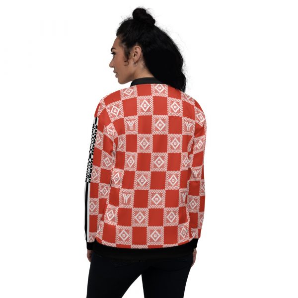Ladies sweat jacket in blouson style red crochet checkers stripes 3 all over print unisex bomber jacket white back 624ae42281d6b