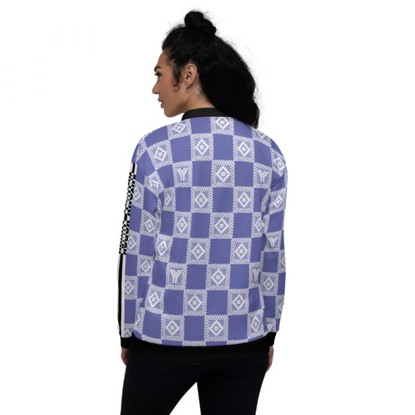Ladies sweat jacket in blouson style purple crochet checkers stripes 7 all over print unisex bomber jacket white back 624ae5162881b