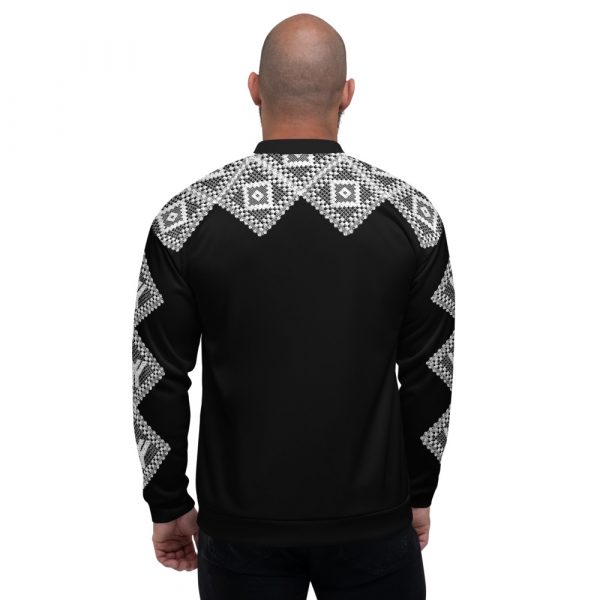 Men's Sweat Jacket in Blouson Style Black Crochet Stripes 1 all over print unisex bomber jacket white back 624af219462e0