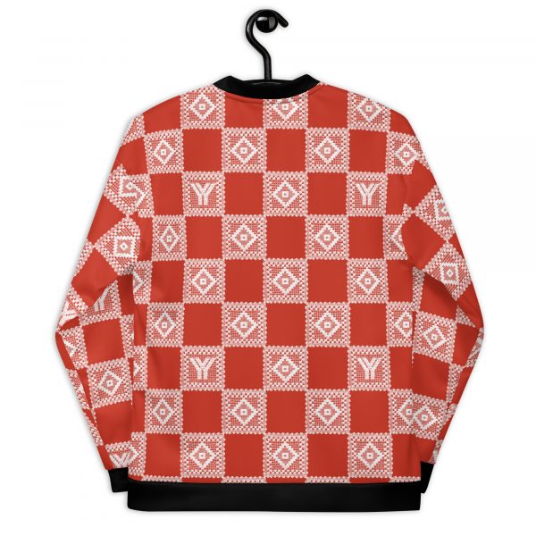 Ladies Sweat Jacket in Blouson Style Red Crochet Checkers Gallon Stripes 3 all over print unisex bomber jacket white back 624c1cd00223e