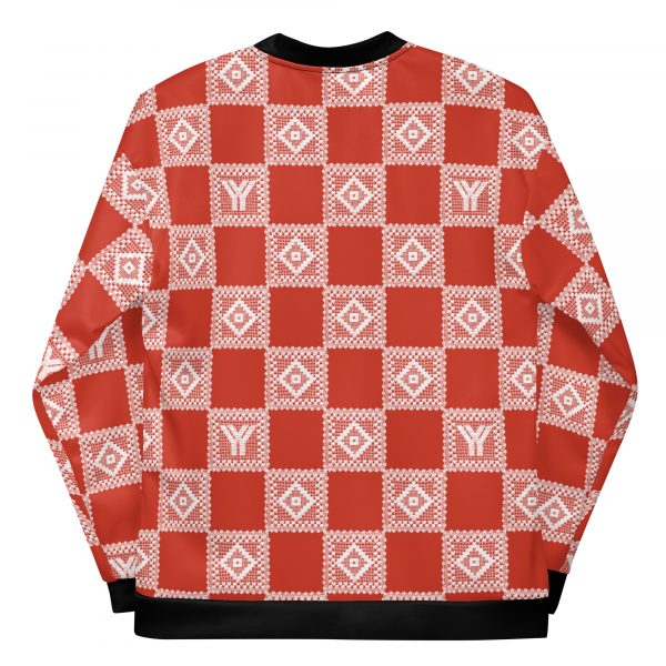 Ladies Sweat Jacket in Blouson Style Red Crochet Checkers Gallon Stripes 1 all over print unisex bomber jacket white back 624c1cd0026c9
