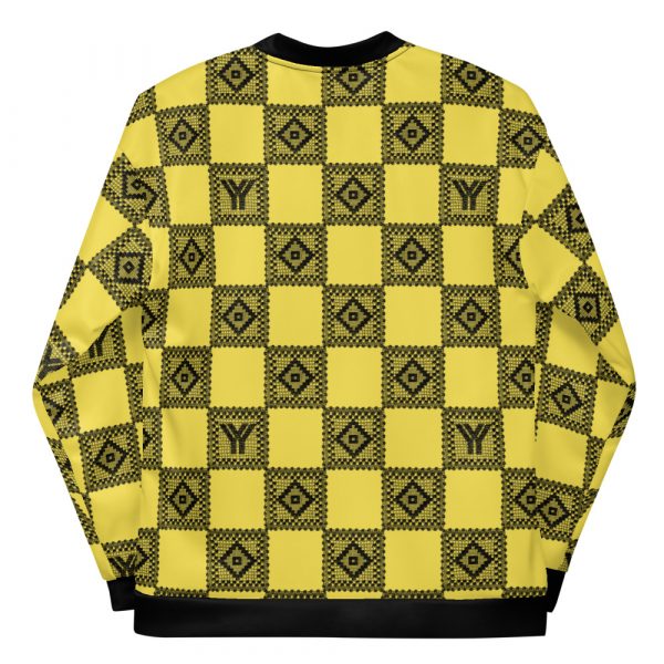 Men's sweat jacket in blouson style yellow crochet checkers with gallon stripes 6 all over print unisex bomber jacket white back 6269138a04cb9