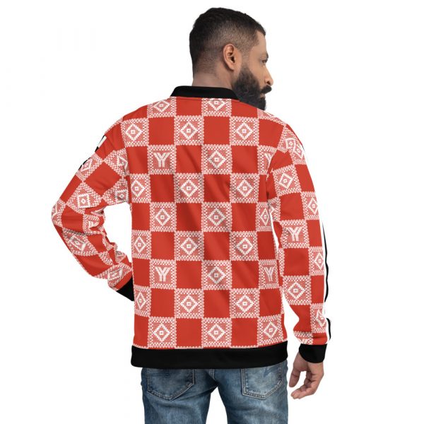 Men's Sweat Jacket in Blouson Style Red Crochet Checkers Stripes 4 all over print unisex bomber jacket white back 6269153c97c34