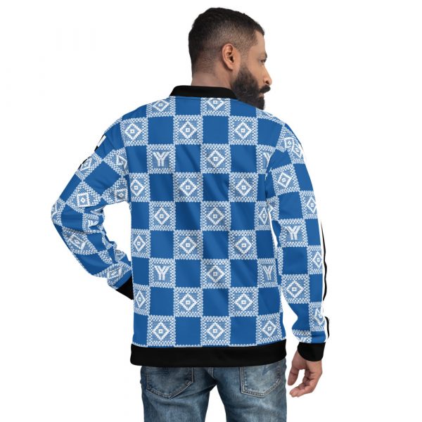 Men's sweat jacket in blouson style Sky Diver blue crochet checkers stripes 1 all over print unisex bomber jacket white back 626915de7b52a
