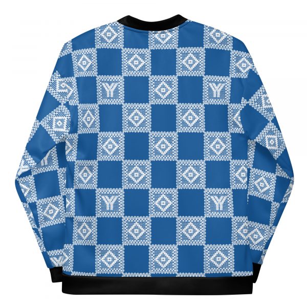 Men's sweat jacket in blouson style Sky Diver blue crochet checkers stripes 5 all over print unisex bomber jacket white back 62691cd60f0fa