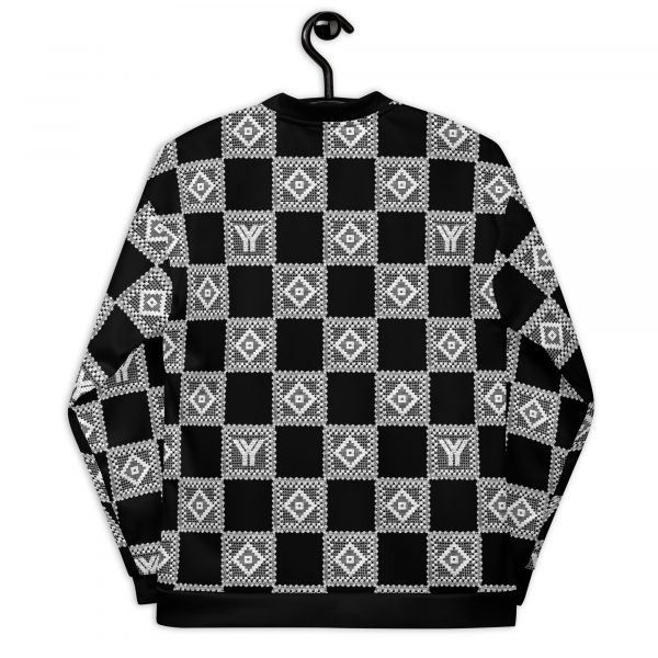 Ladies Sweat Jacket in Blouson Style Black Crochet Checkers Gallon Stripes 3 all over print unisex bomber jacket white back 626926e936f4a
