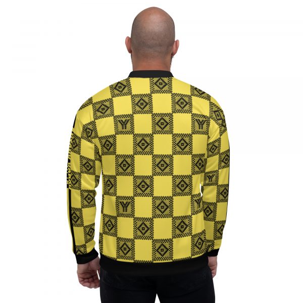 Men's sweat jacket in blouson style yellow crochet checkers with gallon stripes 4 all over print unisex bomber jacket white back 626948ef8d6ca