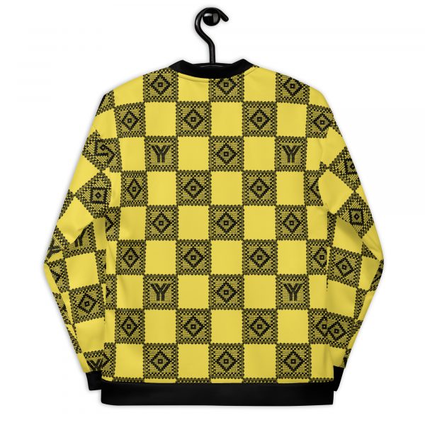 Ladies Sweat Jacket in Blouson Style Illumintaing Yellow Crochet Checkers Gallon Stripes 3 all over print unisex bomber jacket white back 626948ef8d969 1