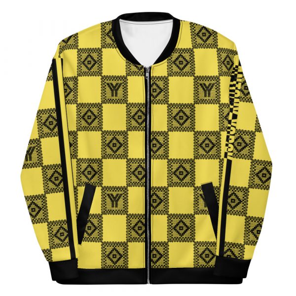 Ladies Sweat Jacket in Blouson Style Illumintaing Yellow Crochet Checkers Gallon Stripes 1 all over print unisex bomber jacket white front 624ae22ae79d3
