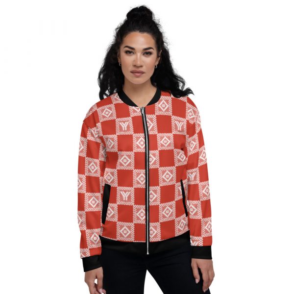 Ladies Sweat Jacket in Blouson Style Red Crochet Checkers Gallon Stripes 4 all over print unisex bomber jacket white front 624ae42281bce