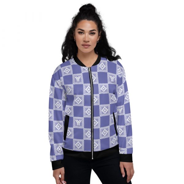 Ladies sweat jacket in blouson style purple crochet checkers stripes 3 all over print unisex bomber jacket white front 624ae516286d7